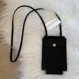 NWT Longchamp Le Pliage Black Leather Crossbody Cell Phone Pouch Bag